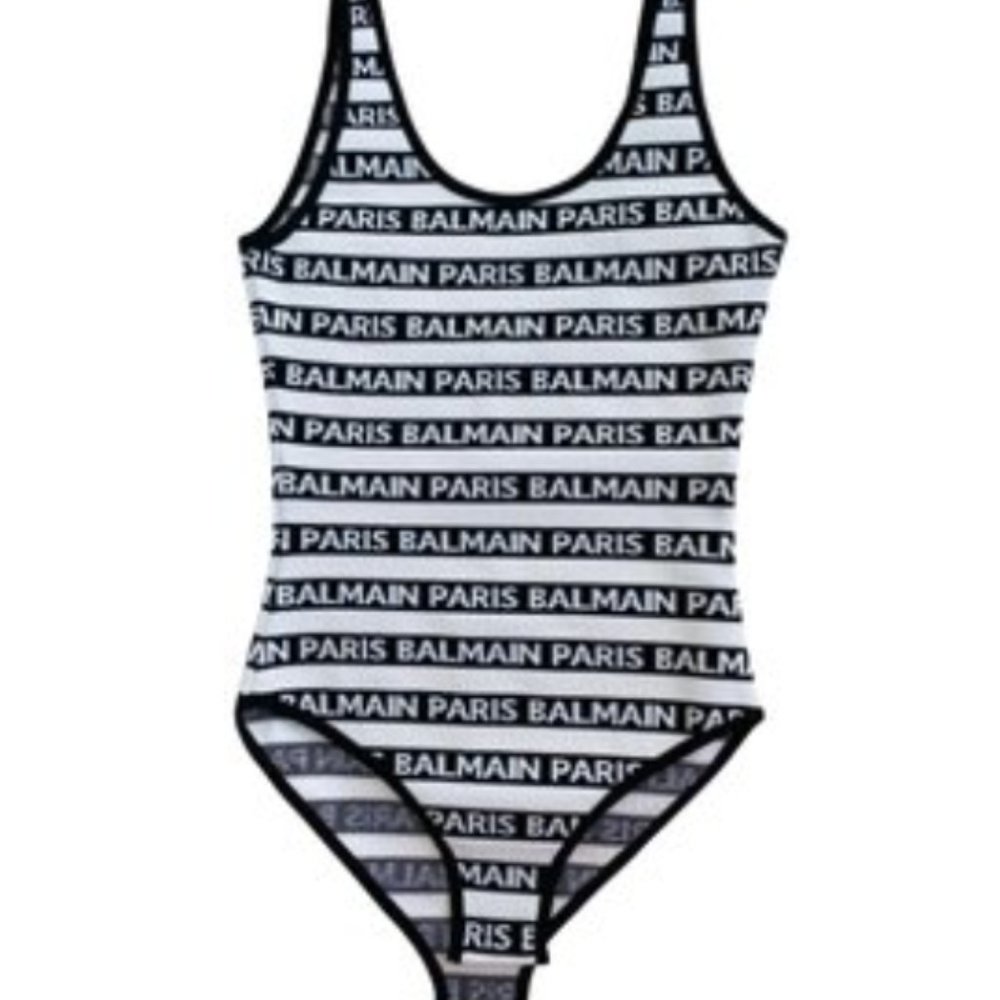 BALMAIN White with Black Written Body Suit tank